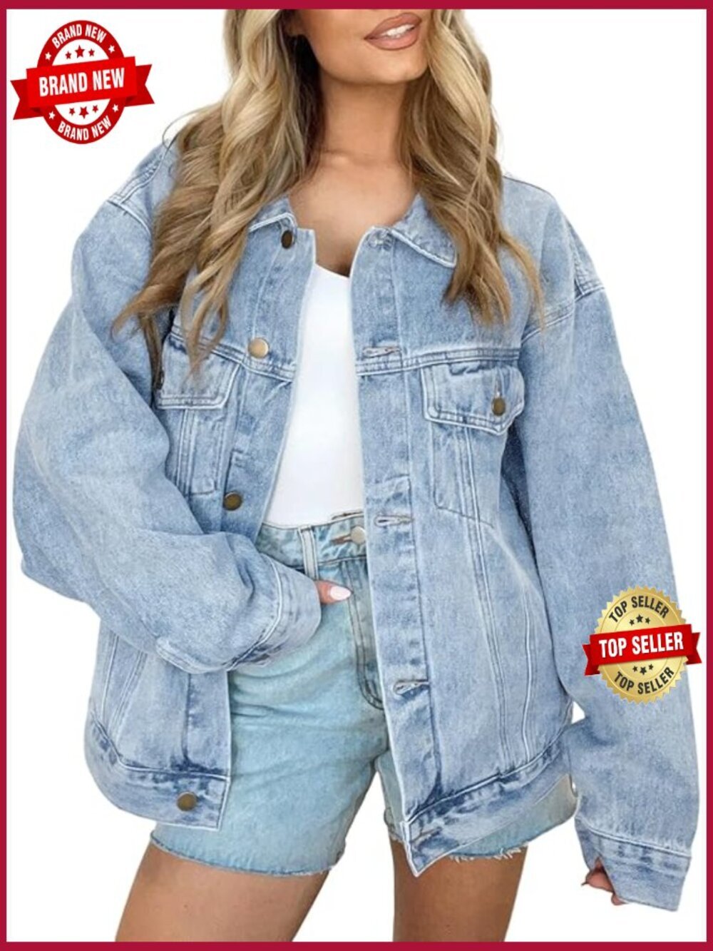 Oversized Button Down Denim Jacket with Chest Pockets, Boyfriend Style Coat